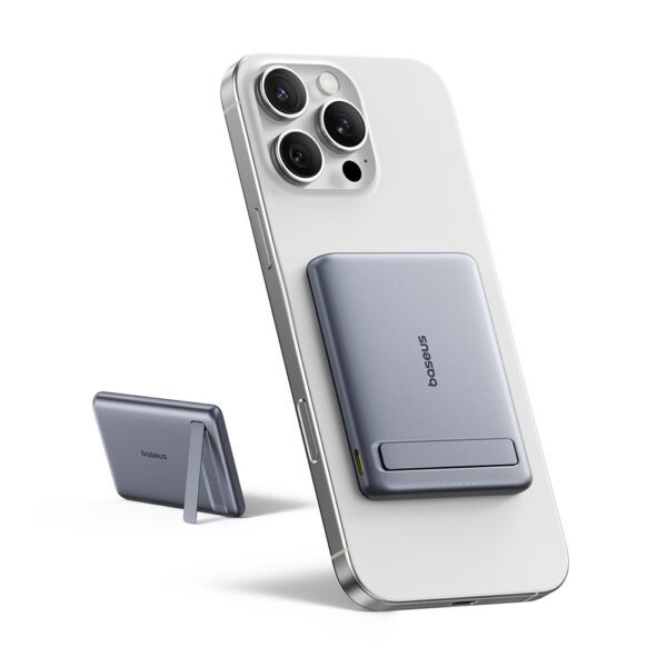 Powerbank Baseus PicoGo AM31 Qi2 5000mAh 20W ultracienki kompatybilny z MagSafe z podstawką z kablem plecionym Baseus Simple USB-C 20cm - szarypol