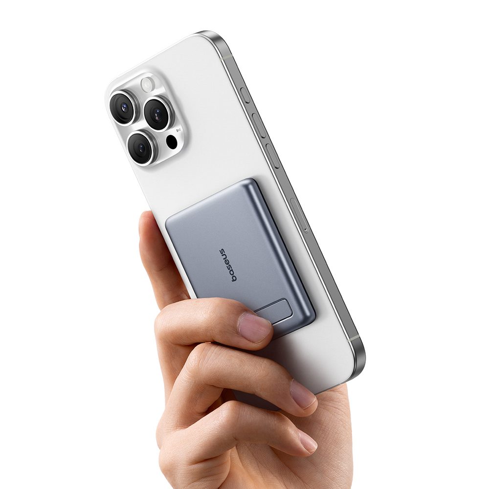 Powerbank Baseus PicoGo AM31 Qi2 5000mAh 20W ultracienki kompatybilny z MagSafe z podstawką z kablem plecionym Baseus Simple USB-C 20cm - szarypol