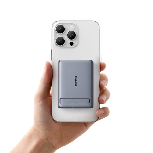 Powerbank Baseus PicoGo AM31 Qi2 5000mAh 20W ultracienki kompatybilny z MagSafe z podstawką z kablem plecionym Baseus Simple USB-C 20cm - szarypol