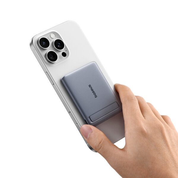 Powerbank Baseus PicoGo AM31 Qi2 5000mAh 20W ultracienki kompatybilny z MagSafe z podstawką z kablem plecionym Baseus Simple USB-C 20cm - szarypol