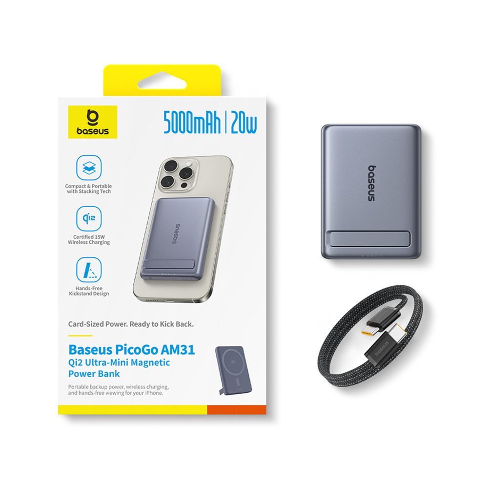 Powerbank Baseus PicoGo AM31 Qi2 5000mAh 20W ultracienki kompatybilny z MagSafe z podstawką z kablem plecionym Baseus Simple USB-C 20cm - szarypol