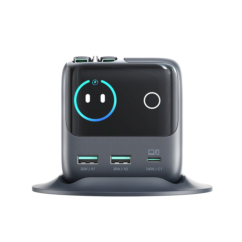 204204_2 Joyroom Podix JR-TRD01 GaN 140W Desktop Charger with 5 Ports and Dual Retractable Cables - Grayeng