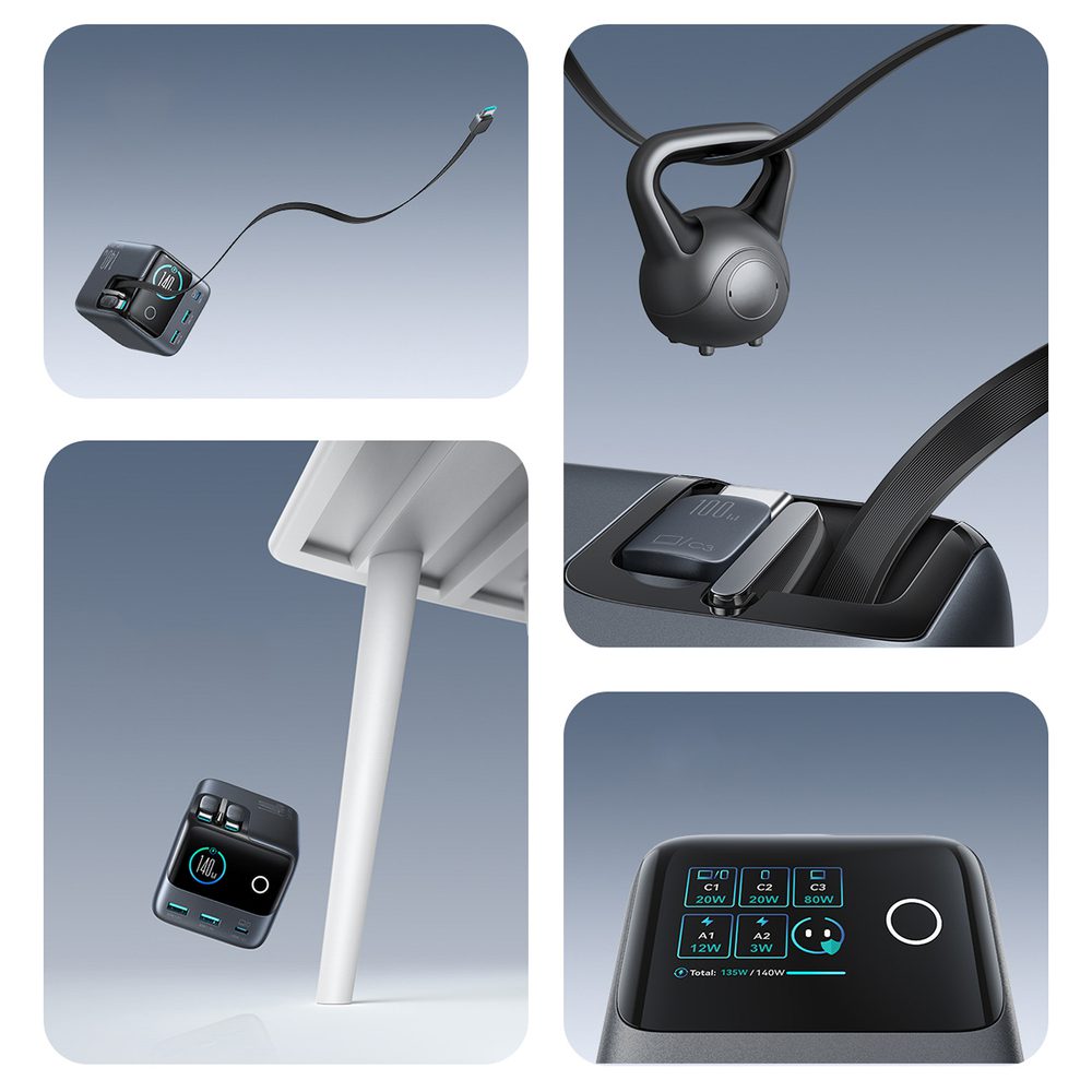 204204_5 Joyroom Podix JR-TRD01 GaN 140W Desktop Charger with 5 Ports and Dual Retractable Cables - Grayeng