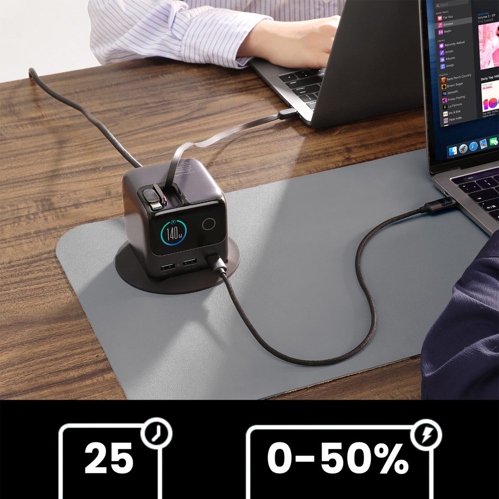 204204_6 Joyroom Podix JR-TRD01 GaN 140W Desktop Charger with 5 Ports and Dual Retractable Cables - Grayeng