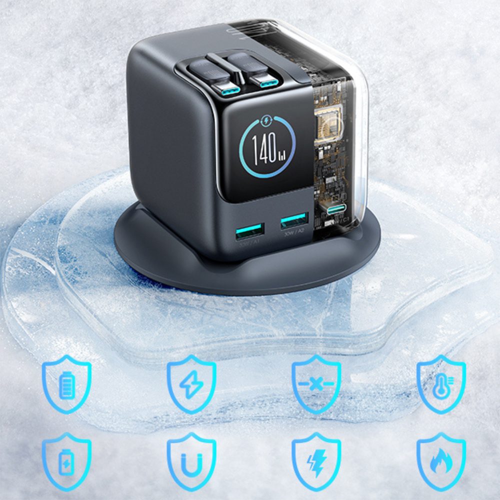 204204_8 Joyroom Podix JR-TRD01 GaN 140W Desktop Charger with 5 Ports and Dual Retractable Cables - Grayeng