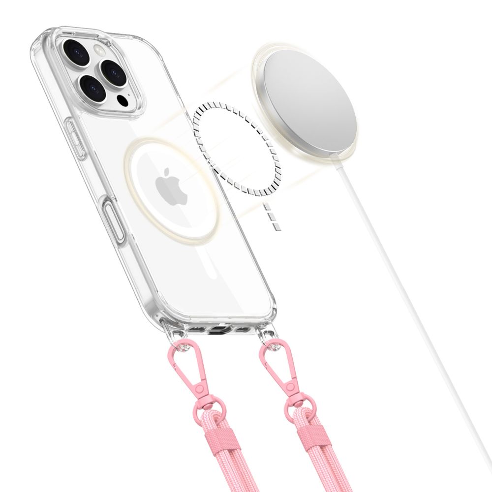 Tech-Protect Flexair Chain MagSafe Case for iPhone 16 Pro - Clear + 2 Lanyards (Pink and Gray)eng