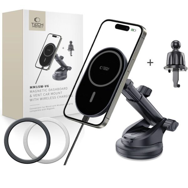 Tech-Protect mm15W-V6 Magnetic MagSafe Car Holder for Cockpit/Windshield/Air Vent - Blackeng
