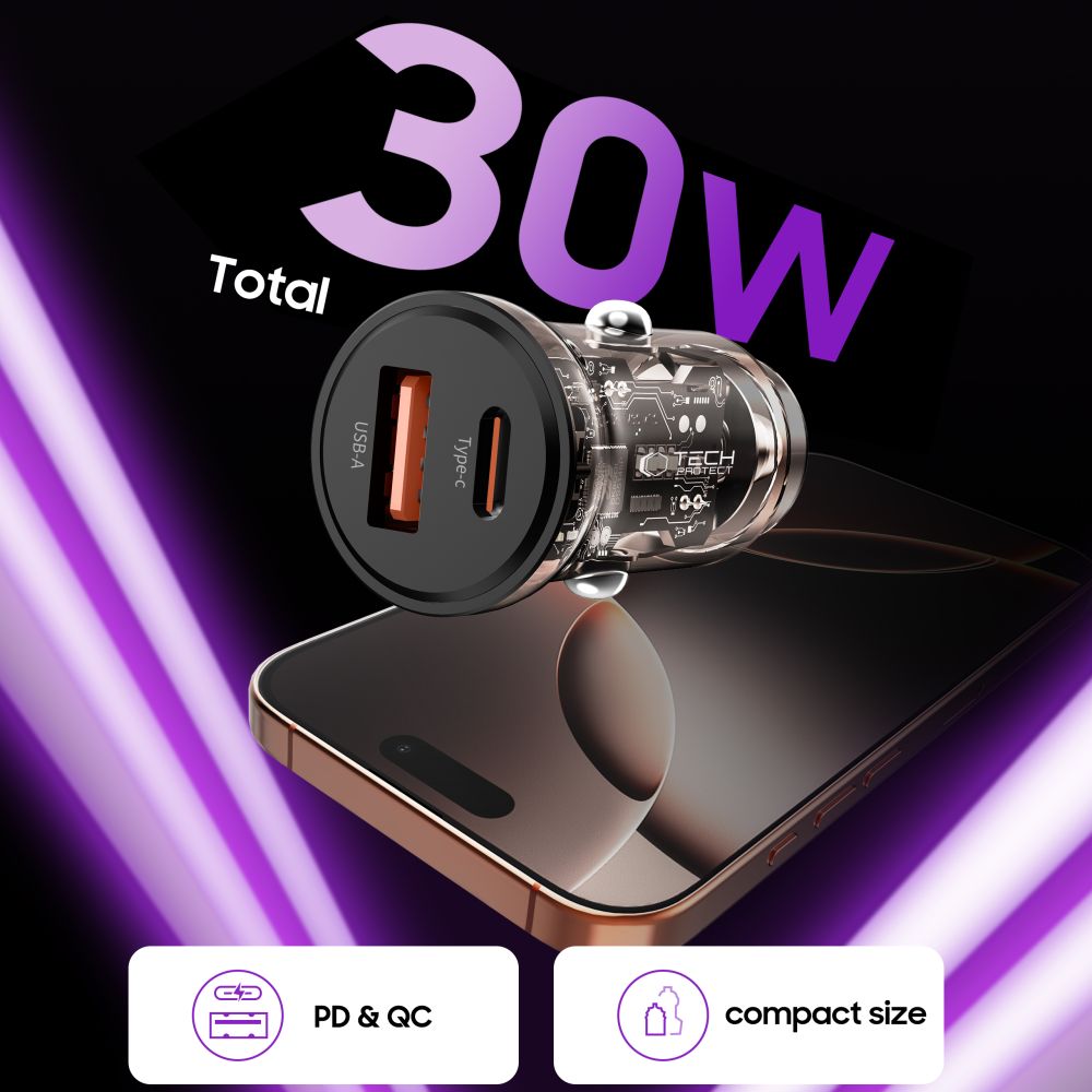 CREATOR: gd-jpeg v1.0 (using IJG JPEG v62), quality = 80 Tech-Protect CC01 30W 2-Port USB-A / USB-C Car Charger - Blackeng