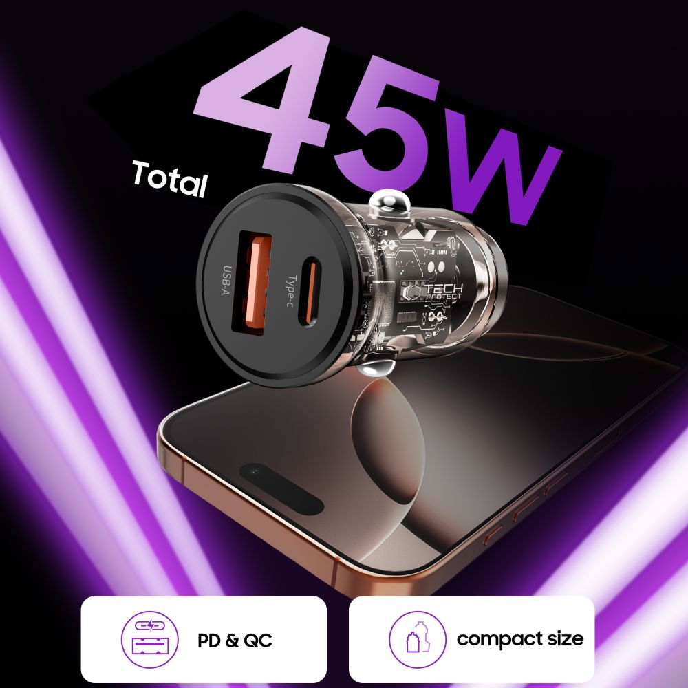 Tech-Protect CC01 45W 2-Port USB-A / USB-C Car Charger - Blackeng