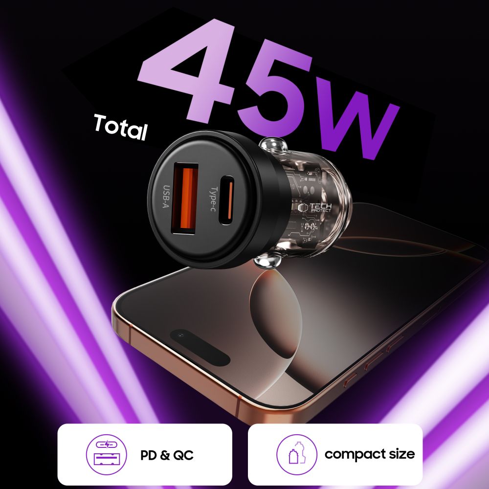 CREATOR: gd-jpeg v1.0 (using IJG JPEG v62), quality = 80 Tech-Protect CC03 45W 2-Port USB-A / USB-C Car Charger - Blackeng