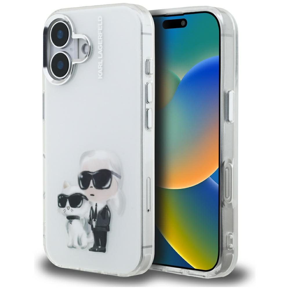 Karl Lagerfeld IML Aquarelle Karl & Choupette & Logo iPhone 16 Case - Whiteeng