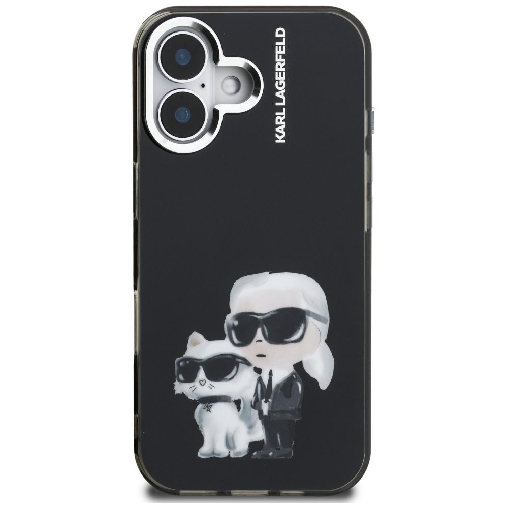 Karl Lagerfeld IML Aquarelle Karl & Choupette & Logo iPhone 16 Case - Blackeng