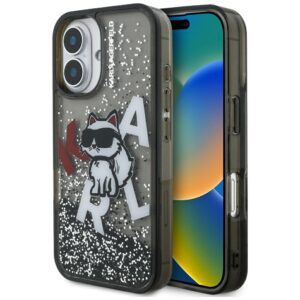 Karl Lagerfeld Liquid Glitter Choupette Logo iPhone 16 Case - Blackeng