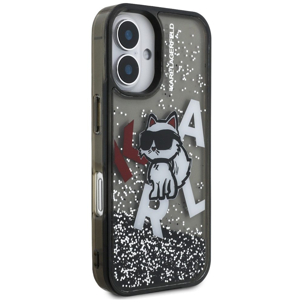 Karl Lagerfeld Liquid Glitter Choupette Logo iPhone 16 Case - Blackeng