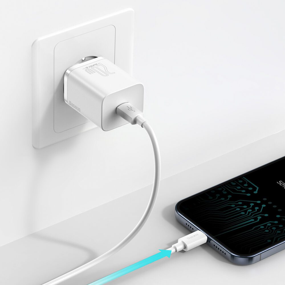 Baseus wall charger Super Si PD 20W 1x USB-C white + USB-C - Lightning cable