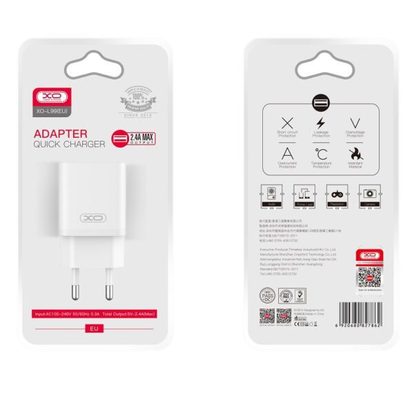 XO WALL CHARGER L99 1xUSB 2,4A WHITE + USB/USB-C CABLE