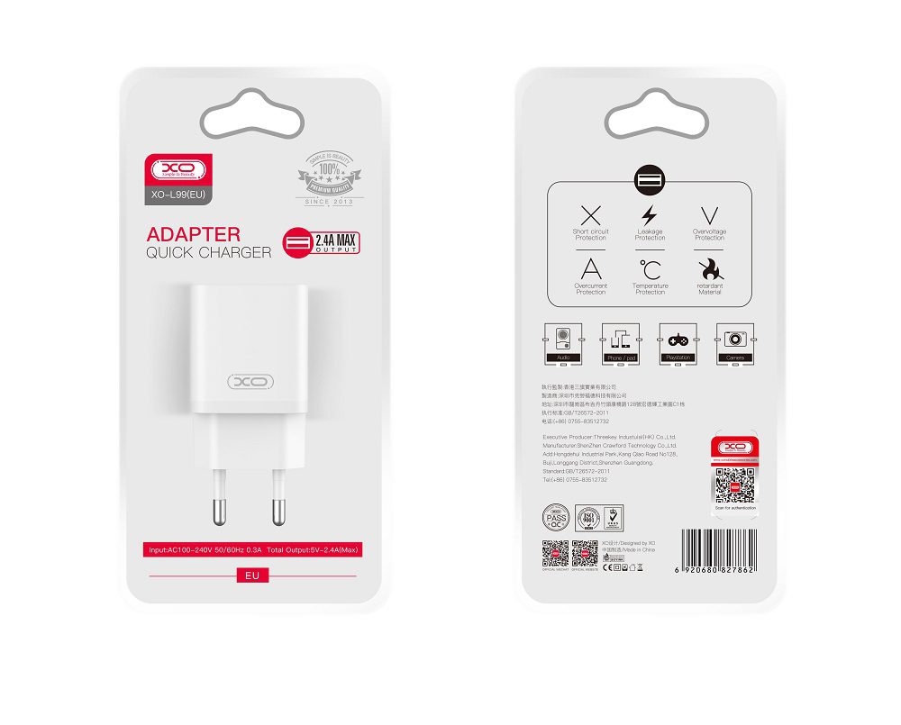 XO WALL CHARGER L99 1xUSB 2,4A WHITE + USB/USB-C CABLE