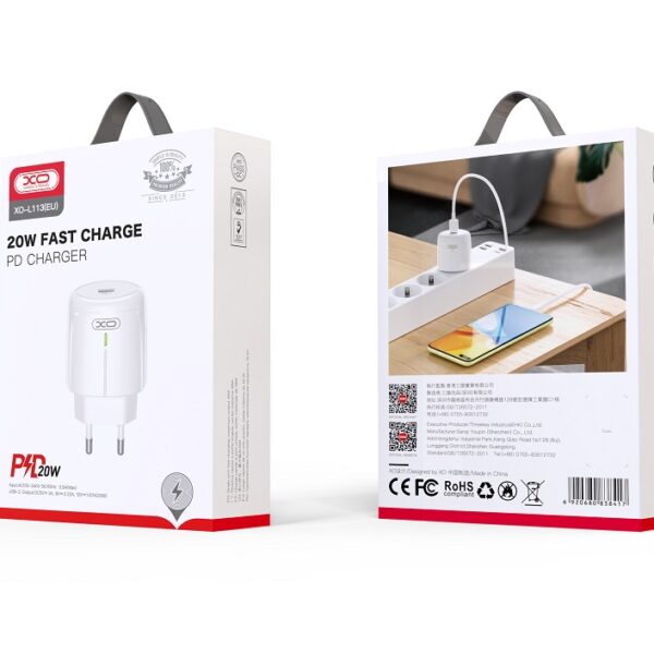 XO L113 WALL CHARGER USB-C PD 20W LED WHITE