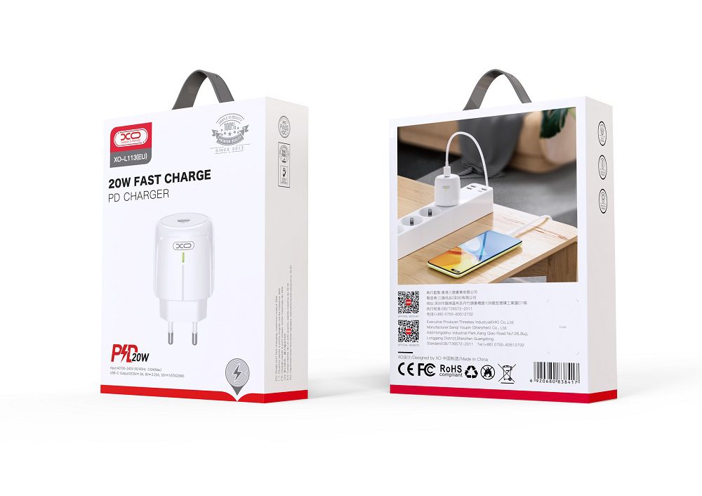XO L113 WALL CHARGER USB-C PD 20W LED WHITE