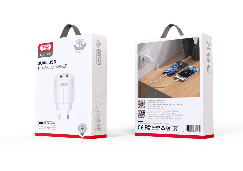 XO L111 WALL CHARGER 2XUSB 2,4A LED WHITE