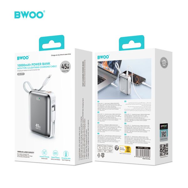 BWOO power bank P77 45W, 10000 mAh with USB-C and Lightning cable, grey
