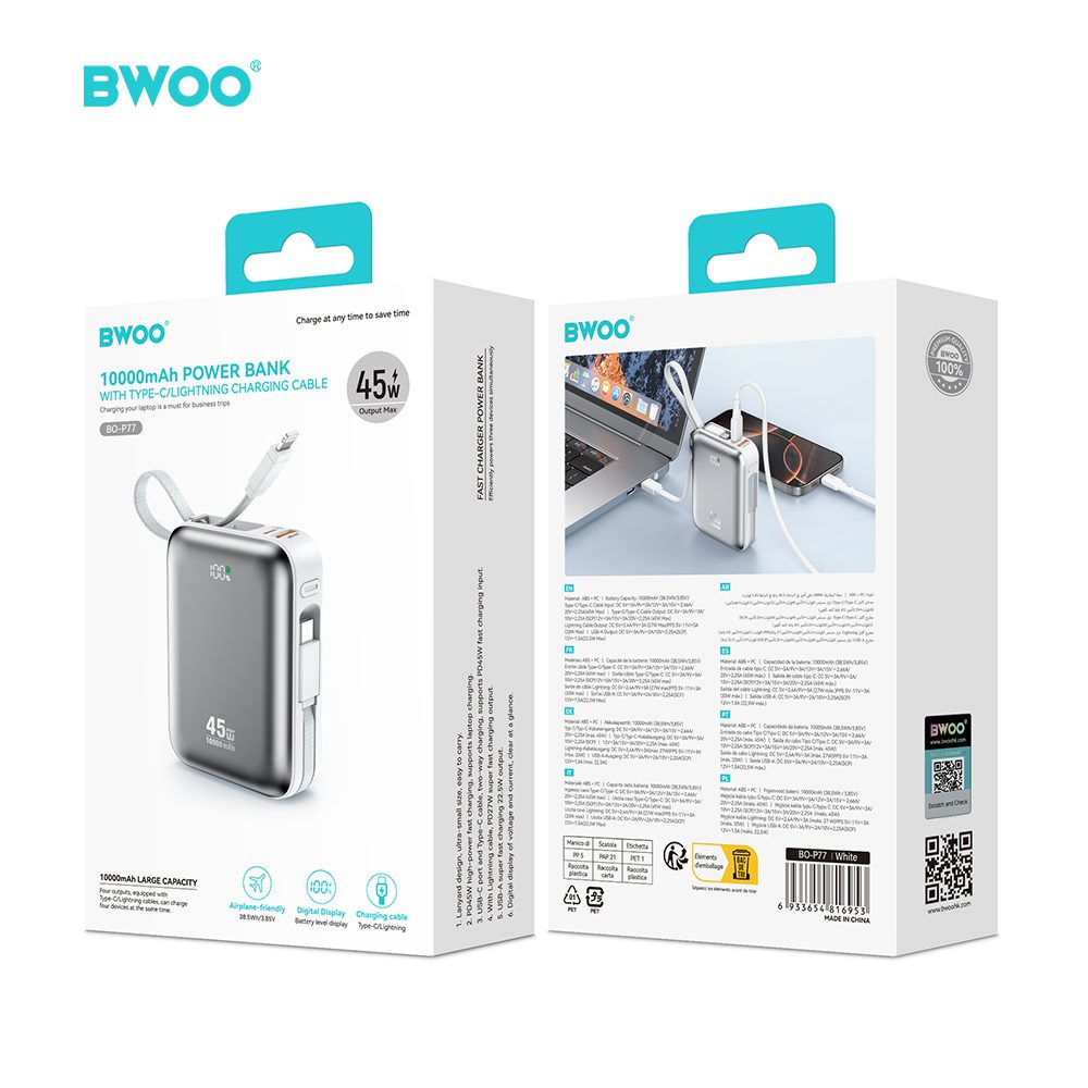 BWOO power bank P77 45W, 10000 mAh with USB-C and Lightning cable, grey