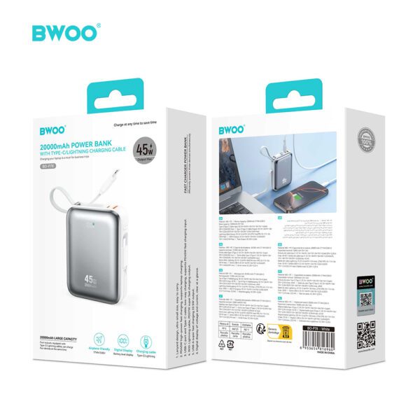 BWOO 20000mAh Fast Charging Power Bank PD45W With Type C Lightning Cable P78