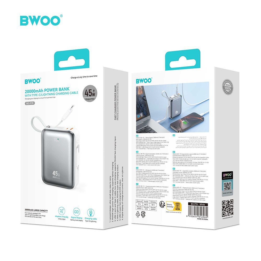 BWOO 20000mAh Fast Charging Power Bank PD45W With Type C Lightning Cable P78