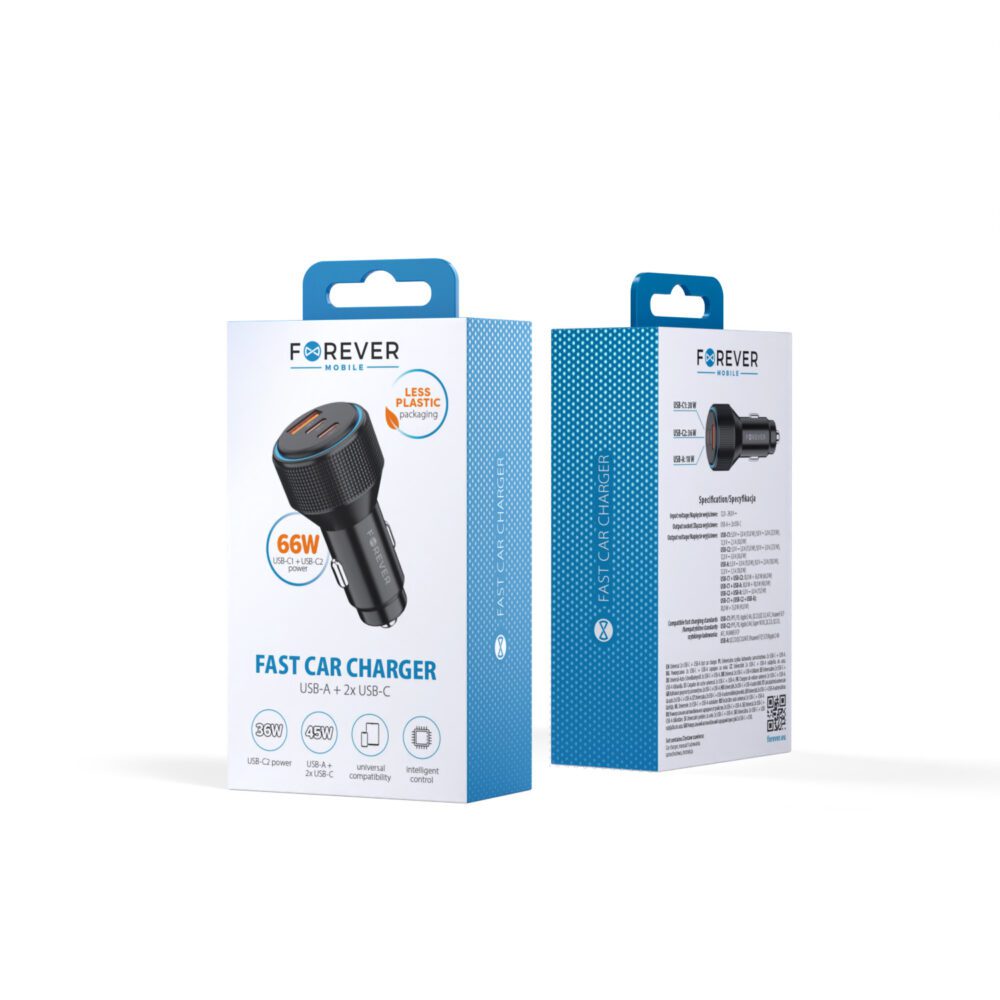 Forever CC-07-66ACC PD QC car charger 1x USB-A 2x USB-C 66W black