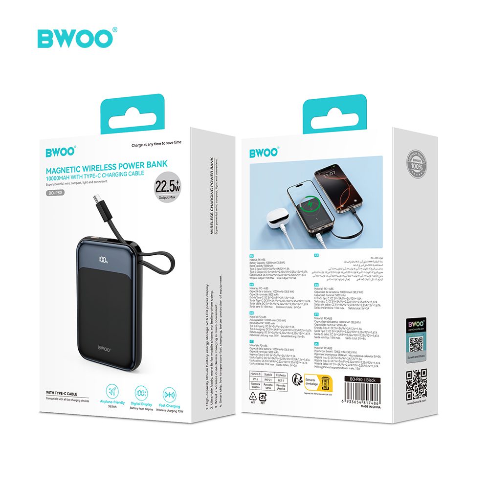 BWOO PD 20W 10000 mAh Power Bank With 2 Cables and Battery Display P80 black