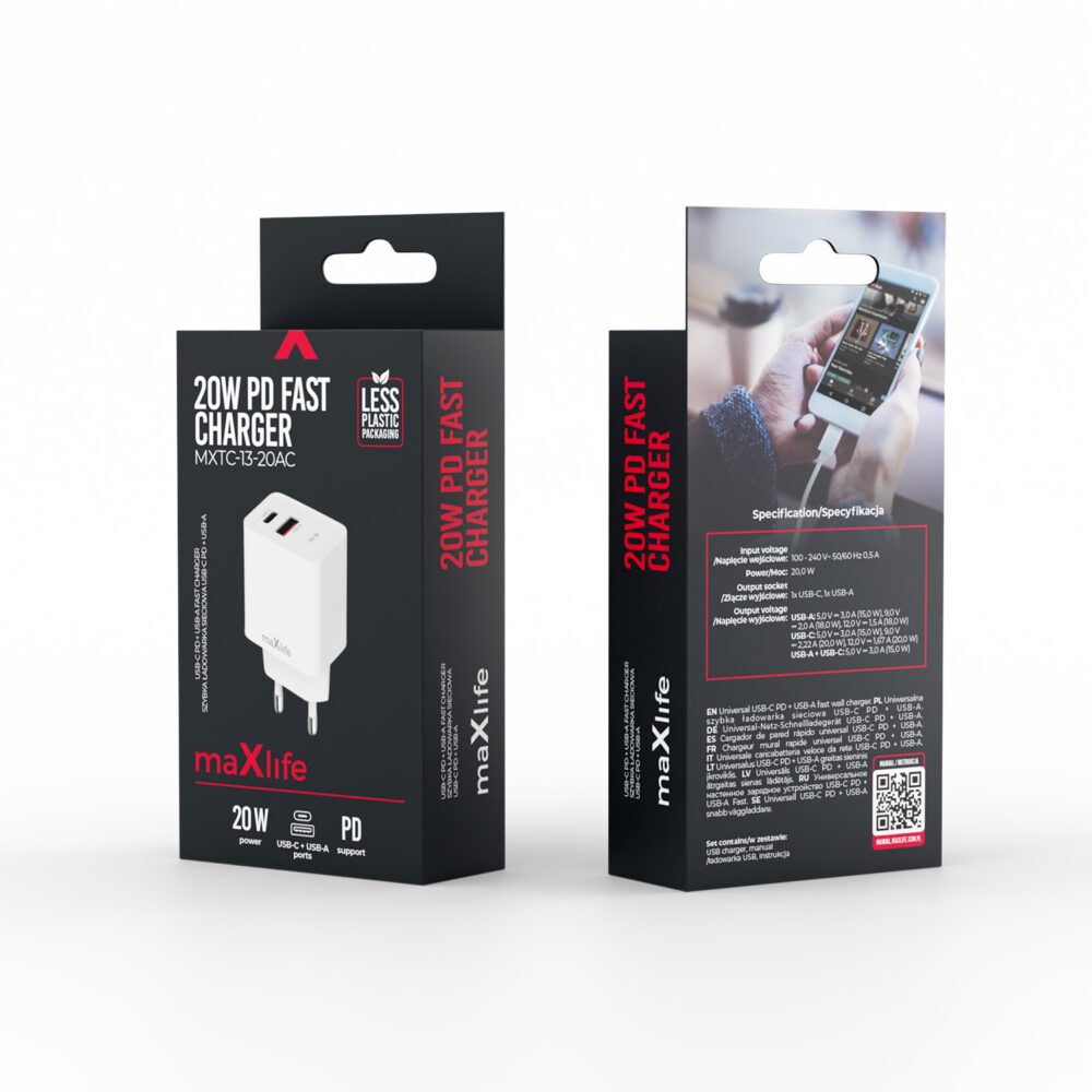 Maxlife MXTC-13-20AC PD QC charger 1x USB-C 1x USB 20W white