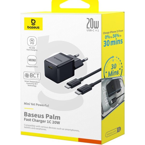 Baseus Palm Fast Charger Wall Charger 20W 1×USB-C Wall Charger + Cable Cluster Black