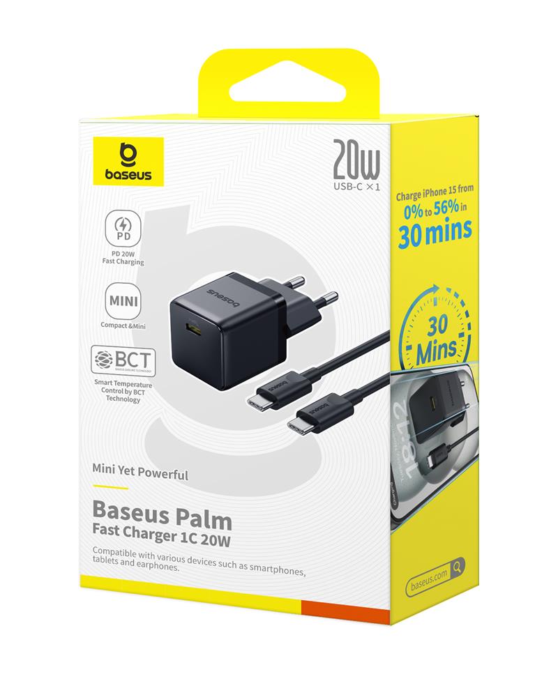 Baseus Palm Fast Charger Wall Charger 20W 1×USB-C Wall Charger + Cable Cluster Black