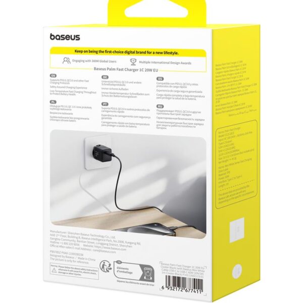 Baseus Palm Fast Charger Wall Charger 20W 1×USB-C Wall Charger + Cable Cluster Black