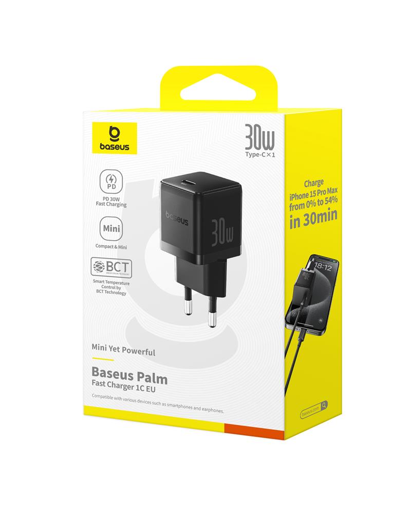Baseus Palm Fast Charger Wall Charger 30W 1×USB-C EU Moon White