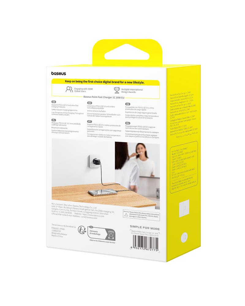 Baseus Palm Fast Charger Wall Charger 30W 1×USB-C EU Moon White