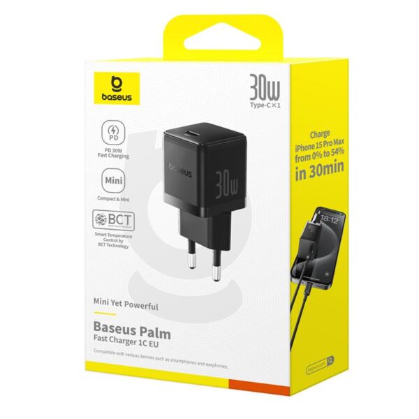 Baseus Palm Fast Charger Wall Charger 30W 1×USB-C EU Cluster Black