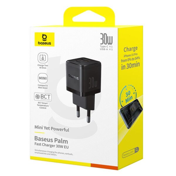 Baseus Palm Fast Charger Wall Charger 30W USB-C USB-A EU Cluster Black