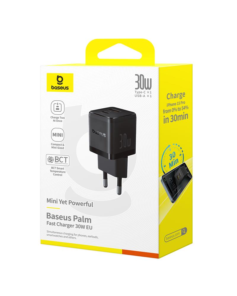 Baseus Palm Fast Charger Wall Charger 30W USB-C USB-A EU Cluster Black