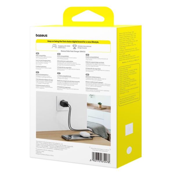Baseus Palm Fast Charger Wall Charger 30W USB-C USB-A EU Cluster Black