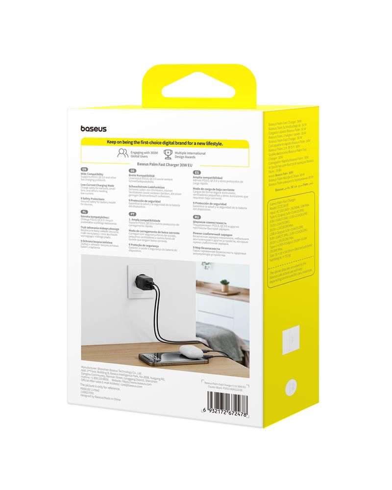 Baseus Palm Fast Charger Wall Charger 30W USB-C USB-A EU Cluster Black