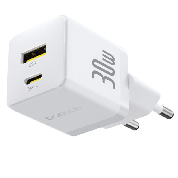Baseus Palm Fast Charger Wall Charger 30W USB-C USB-A EU Moon White