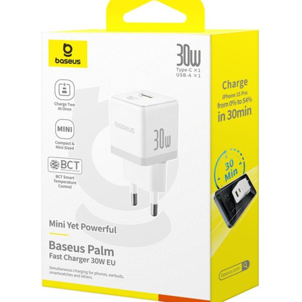Baseus Palm Fast Charger Wall Charger 30W USB-C USB-A EU Moon White