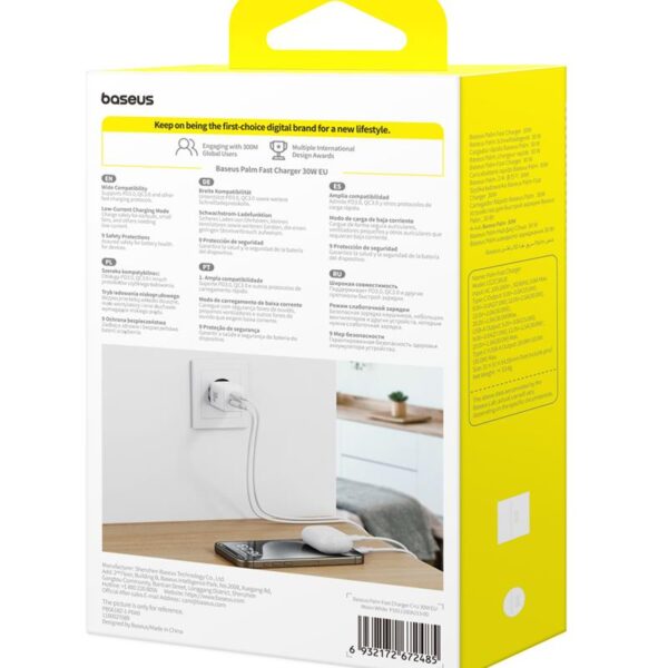 Baseus Palm Fast Charger Wall Charger 30W USB-C USB-A EU Moon White