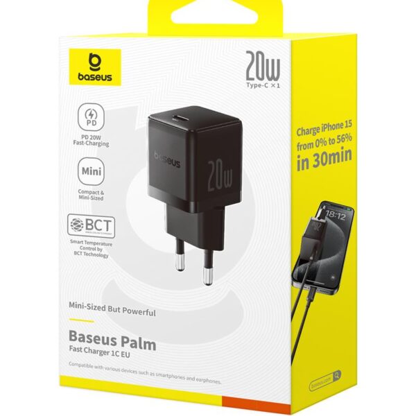 Baseus Palm Fast Charger Wall Charger 20W 1×USB-C EU Cluster Black