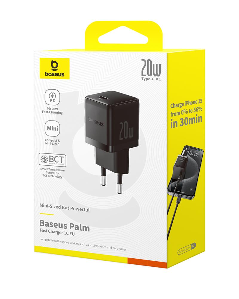 Baseus Palm Fast Charger Wall Charger 20W 1×USB-C EU Cluster Black