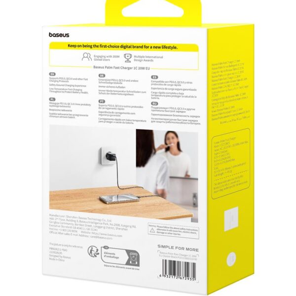 Baseus Palm Fast Charger Wall Charger 20W 1×USB-C EU Cluster Black