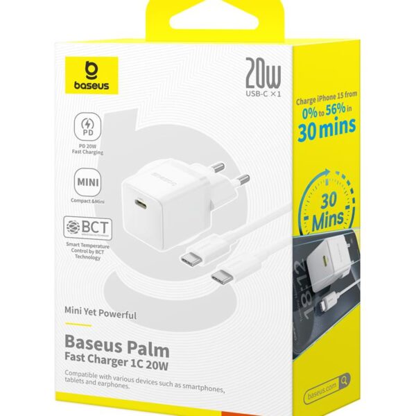 Baseus Palm Fast Charger Wall Charger 20W 1×USB-C Wall Charger + Cable Moon White