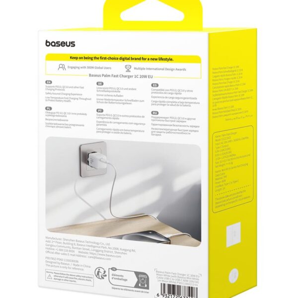 Baseus Palm Fast Charger Wall Charger 20W 1×USB-C Wall Charger + Cable Moon White