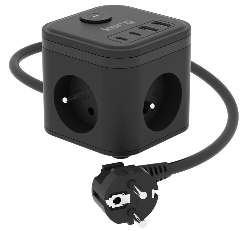 c7d95da24cb42e1bc9c66fec8a0d41f4 KERG 3-socket power cube + fast charger USB-A+USB-C 1.5m 3×1.5mm2 H05VV-F 16A/250V~ Smart black